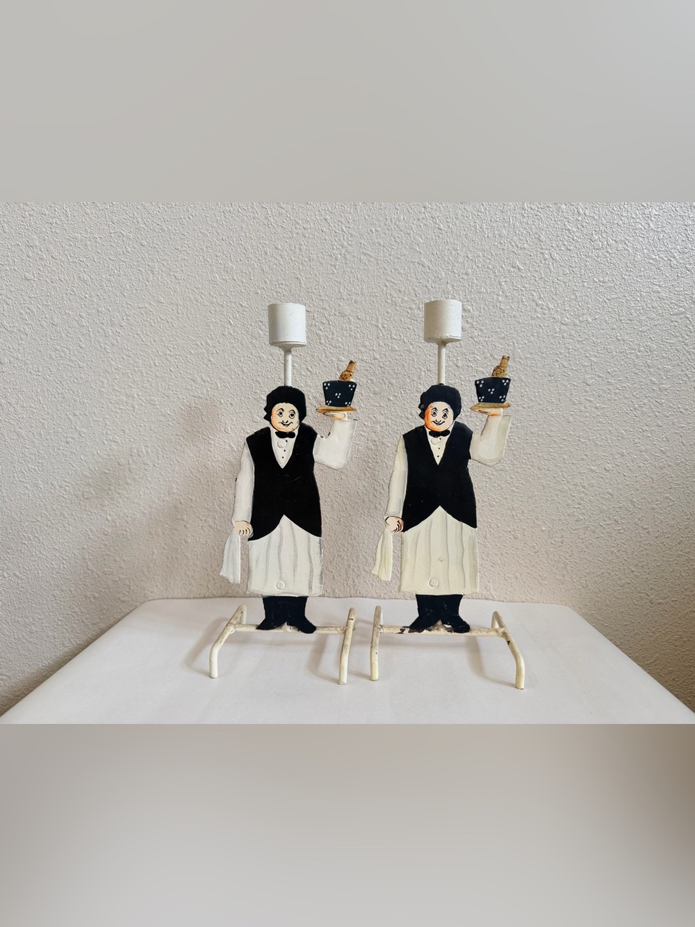 Vintage Pair Hand Painted Metal Waiter Figural Candle Holders French Butler MCM